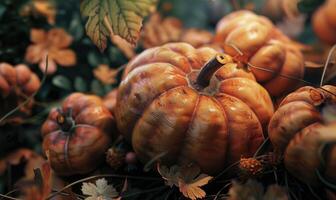 A photorealistic close-up of a cluster of pumpkins photo