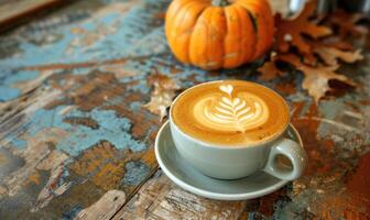 A latte art coffee with a pumpkin in the background photo