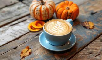 A latte art coffee with pumpkin slices and a pumpkin in the background photo