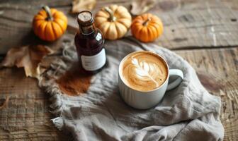 A latte art coffee with pumpkin slices and a pumpkin in the background photo
