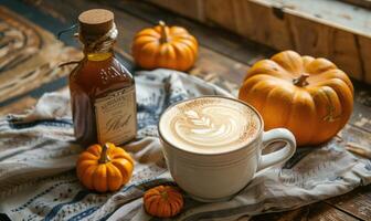 A latte art coffee with pumpkin slices and a pumpkin in the background photo