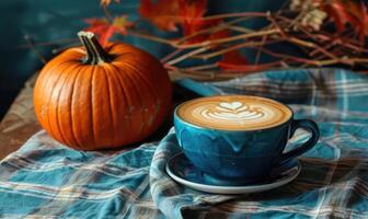 A latte art coffee with a pumpkin in the background photo