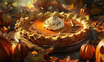 A pumpkin pie with a golden crust topped with a dollop of whipped cream and a sprinkle of cinnamon photo