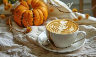 A latte art coffee with a pumpkin in the background photo