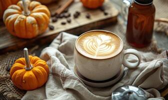 A latte art coffee with pumpkin slices and a pumpkin in the background photo