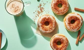 A photorealistic image of cinnamon apple donuts on a light green background photo