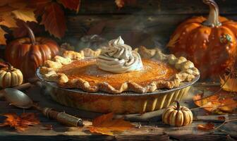 A pumpkin pie with a golden crust topped with a dollop of whipped cream and a sprinkle of cinnamon photo