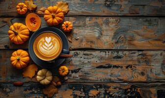 A cappuccino with pumpkin slices and small pumpkins photo