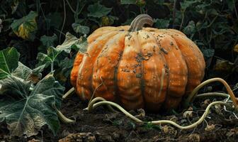 A photorealistic close-up of a large pumpkin sitting on the soil photo
