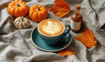 A latte art coffee with pumpkin slices and a pumpkin in the background photo