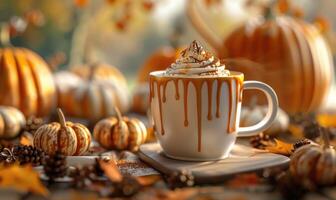 A pumpkin spice macchiato with a drizzle of caramel, surrounded by small pumpkins and fall foliage photo