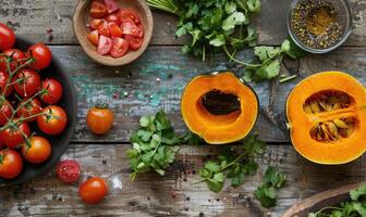 A top-down view of a rustic wooden table with fresh cilantro, halved pumpkin photo