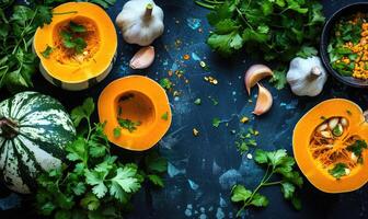 A top-down view of a table with fresh cilantro, halved pumpkin, garlic cloves, and a selection of herbs photo