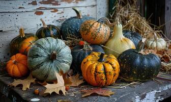 A variety of pumpkins and gourds, surrounded by autumn leaves and hay photo