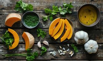 A top-down view of a rustic wooden table with fresh cilantro, diced pumpkin pieces, garlic cloves photo