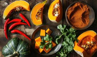 A top-down view of a table with fresh cilantro, pumpkin wedges, red chili peppers photo