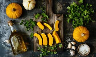 A top-down view of a table with fresh cilantro, pumpkin wedges, red chili peppers photo