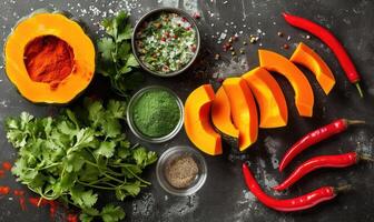 A top-down view of a table with fresh cilantro, pumpkin wedges, red chili peppers photo