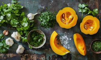A top-down view of a table with fresh cilantro, pumpkin wedges, minced garlic, and a bowl of herbs photo