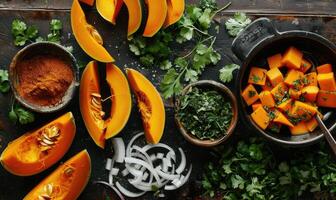 A top-down view of a table with fresh cilantro, pumpkin wedges, minced garlic, and a bowl of herbs photo