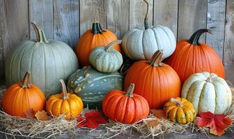 A variety of pumpkins and gourds, surrounded by autumn leaves and hay photo