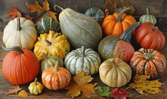A variety of pumpkins and gourds, surrounded by autumn leaves and hay photo