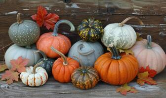 A variety of pumpkins and gourds, surrounded by autumn leaves and hay photo