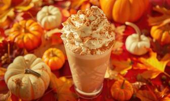 A pumpkin pie milkshake topped with whipped cream photo