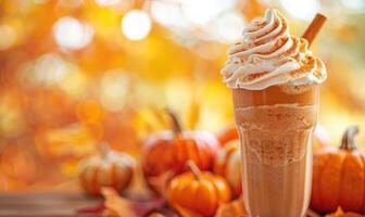 A pumpkin spice macchiato with a drizzle of caramel, surrounded by small pumpkins and fall foliage photo