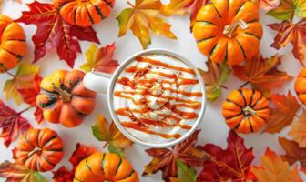 A pumpkin spice latte with a drizzle of caramel photo