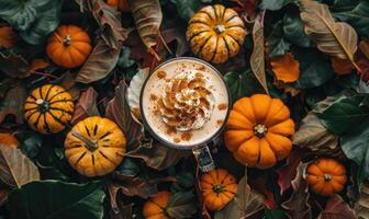 A pumpkin spice affogato with vanilla ice cream and a shot of espresso photo