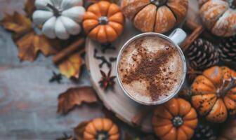 A rich pumpkin chai latte with a sprinkle of cinnamon photo