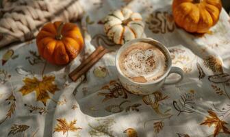 A pumpkin spice latte with a cinnamon stick and small pumpkins photo