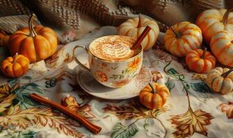 A pumpkin spice latte with a cinnamon stick photo