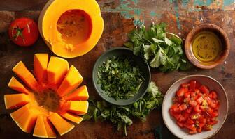 A top-down view of a kitchen prep area with fresh cilantro photo
