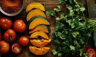 A top-down view of a kitchen prep area with a halved pumpkin photo