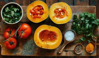 A top-down view of a cutting board with fresh cilantro, pumpkin cubes, chopped bell peppers photo