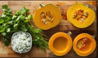 A top-down view of a cutting board with fresh cilantro photo