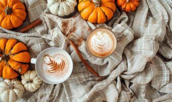 A pumpkin spice latte with a cinnamon stick photo