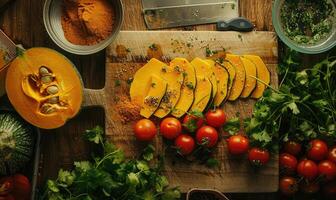 A top-down view of a kitchen prep area with a halved pumpkin photo