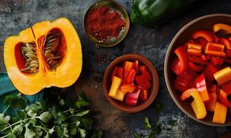A top-down view of a kitchen prep area with a halved pumpkin photo