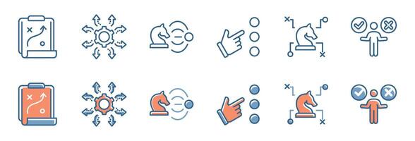 set of strategy action plan business mission icon teamwork leadership decision success objective symbol collection illustration vector