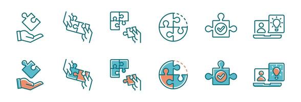 business objective puzzle challenge teamwork icon set jigsaw piece solution problem solving match fit illustration for web and app vector