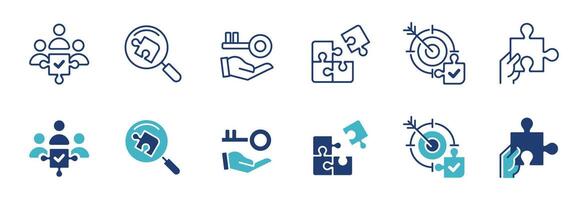 teamwork puzzle solution objective icon set business partnership mission challenge jigsaw match piece outline problem solving puzzle symbol illustration vector