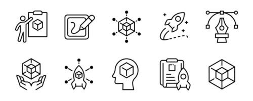business startup new project hexagon cube icon set rocket build creative idea concept development product launch outline illustration innovation visual action design vector