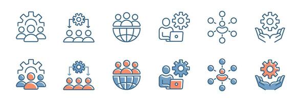 human resource employee structure organization icon set business teamwork diagram hierarchy management with gear cogwheel illustration for web and app vector
