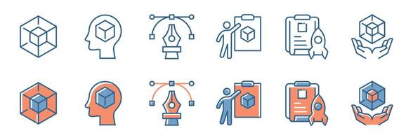 creative startup project icon set business create visual idea blueprint innovation model collection with cube, curve, tool, rocket, hexagon, clipboard symbol illustration vector