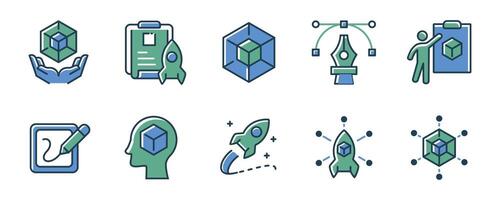 set of new project startup build creative innovation icon business creative product idea hexagon, rocket, curve pen, model concept visual symbol collection illustration design for web and app vector