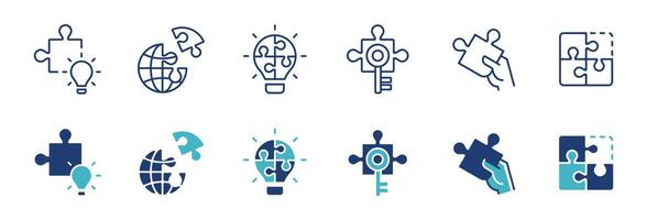 collection of jigsaw puzzle challenge teamwork mission icon set business management objective solution partnership work illustration vector