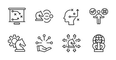 strategy action planning business leadership decision outline icon set marketing management option success solution problem solving path signs illustration for web and app design vector